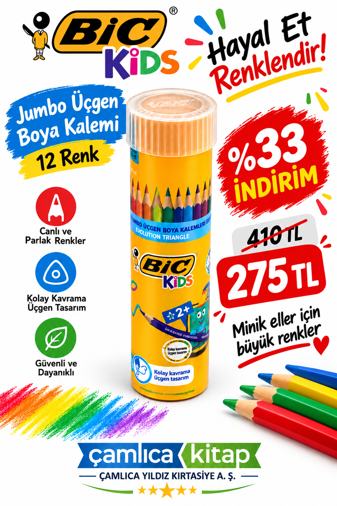 BİC EVOLUTION ÜÇGEN JUMBO BOYA KALEMİ 12+1 TÜP